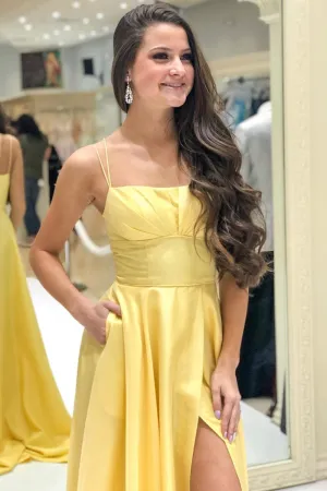 Unique Yellow Satin Long Prom Dress with High Slit, Yellow Formal Graduation Evening Dress