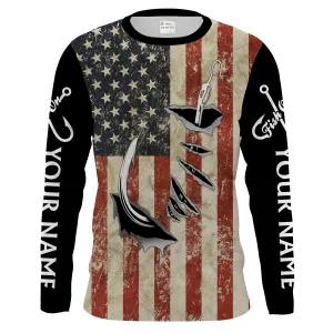 US Fishing Fish Hook American Flag patriotic Customize Name UV protection UPF 30  long sleeves fishing shirt for men NPQ71