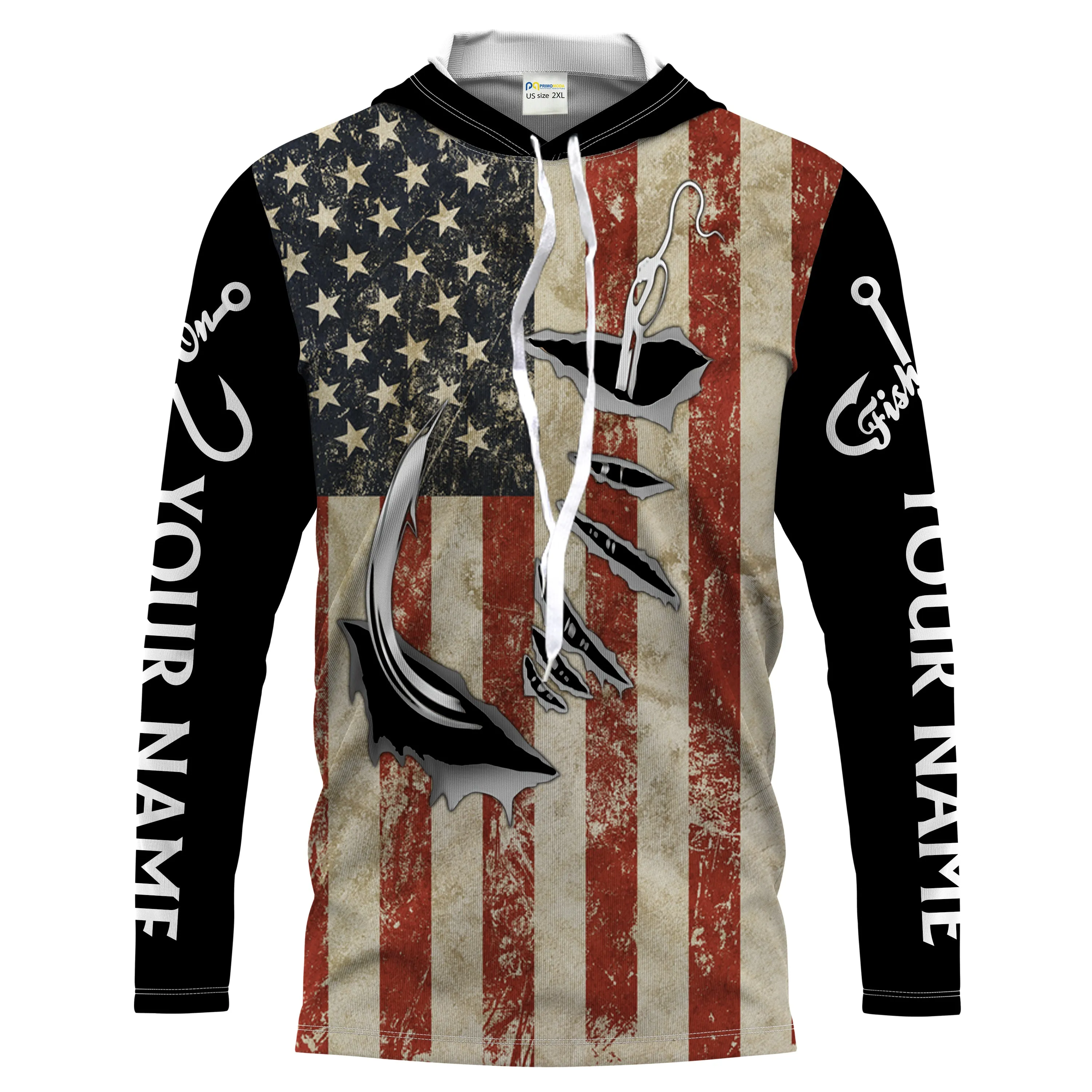 US Fishing Fish Hook American Flag patriotic Customize Name UV protection UPF 30  long sleeves fishing shirt for men NPQ71