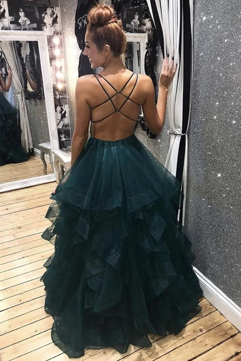 V Neck Backless Dark Green Long Prom Dresses, Backless Dark Green Formal Dresses, Fluffy Dark Green Evening Dresses