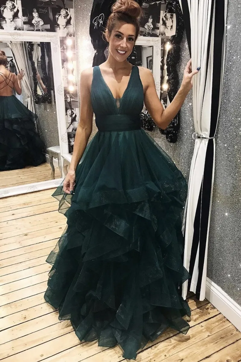 V Neck Backless Dark Green Long Prom Dresses, Backless Dark Green Formal Dresses, Fluffy Dark Green Evening Dresses