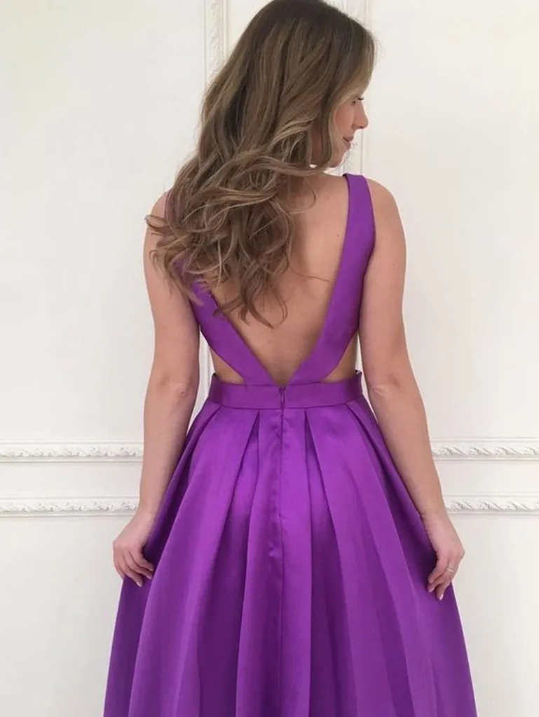 V Neck Backless Purple Prom Dresses, V Neck Backless Purple Formal Graduation Evening Dresses