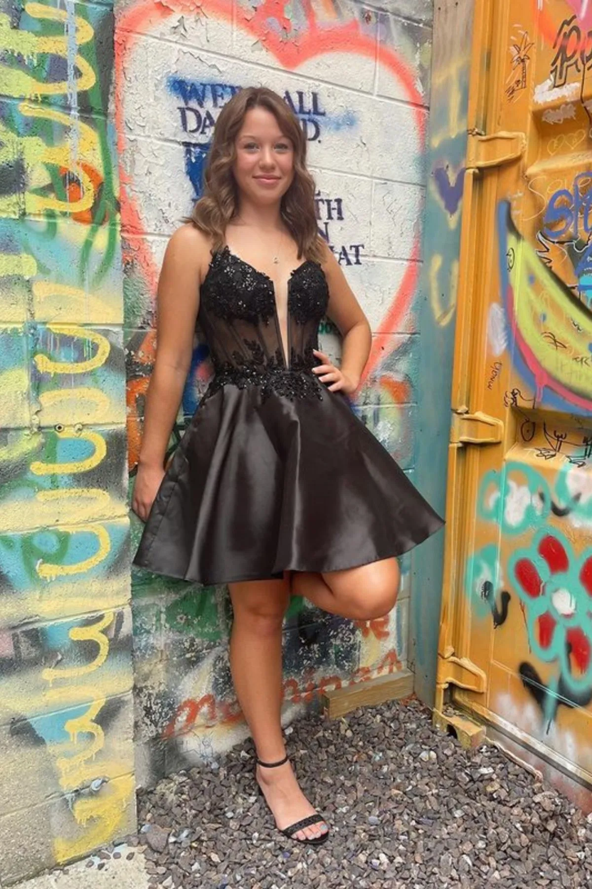 V Neck Beaded Black Lace Prom Dress, Short Black Lace Homecoming Dress, Black Formal Graduation Evening Dress A1944