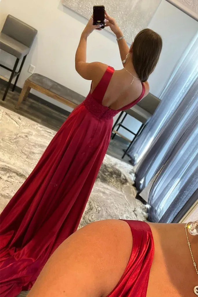 V Neck Burgundy Lace Long Prom Dress with High Slit, Burgundy Lace Formal Dresses, Burgundy Lace Formal  Evening Dresses