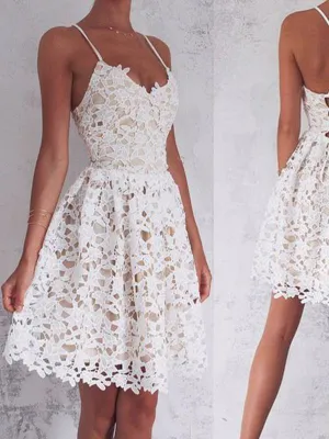 V Neck Ivory Lace Short Backless Spaghetti Straps Prom Dress, Lace Short Graduation Homecoming Dress