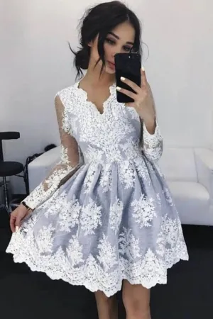 V Neck Long Sleeves Short Gray Lace Prom Dress, Short Gray Lace Formal Graduation Homecoming Dress