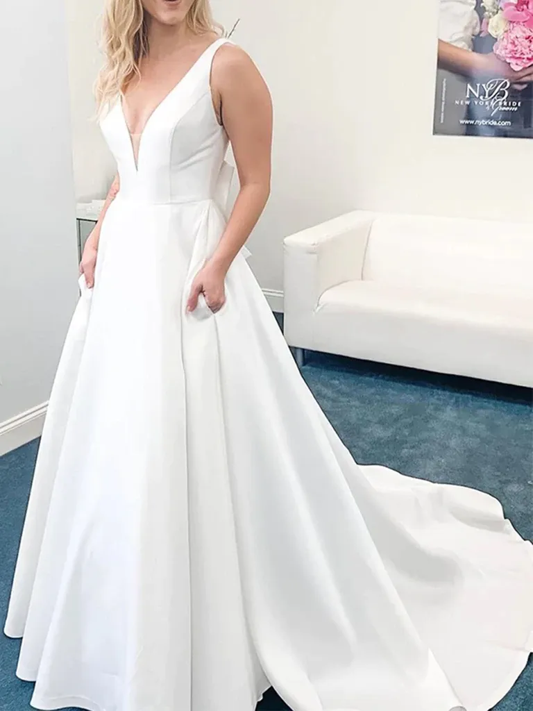 V Neck Open Back White Satin Long Prom Dresses with Train, V Neck White Formal Graduation Evening Dresses