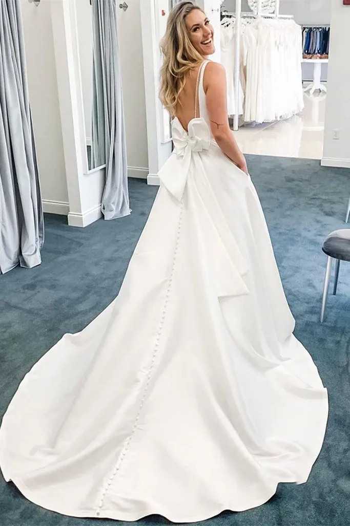 V Neck Open Back White Satin Long Prom Dresses with Train, V Neck White Formal Graduation Evening Dresses