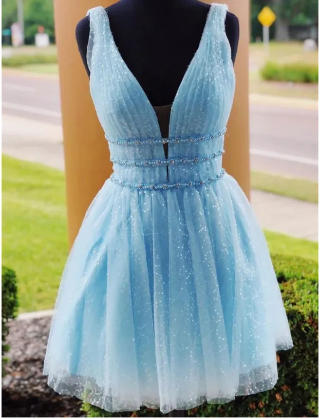 V Neck Short Blue Prom Dressses, Short Blue Fomal Homecoming Graduation Dresses