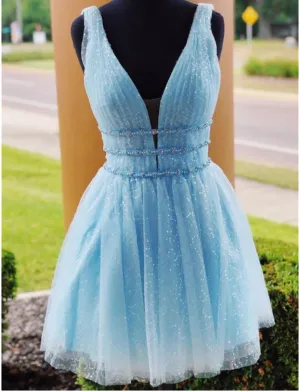 V Neck Short Blue Prom Dressses, Short Blue Fomal Homecoming Graduation Dresses