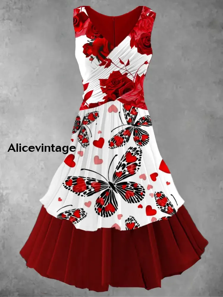 Vintage Butterfly Art Print 50s Elegant Chic Sleeveless Midi Dress