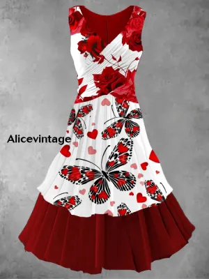 Vintage Butterfly Art Print 50s Elegant Chic Sleeveless Midi Dress