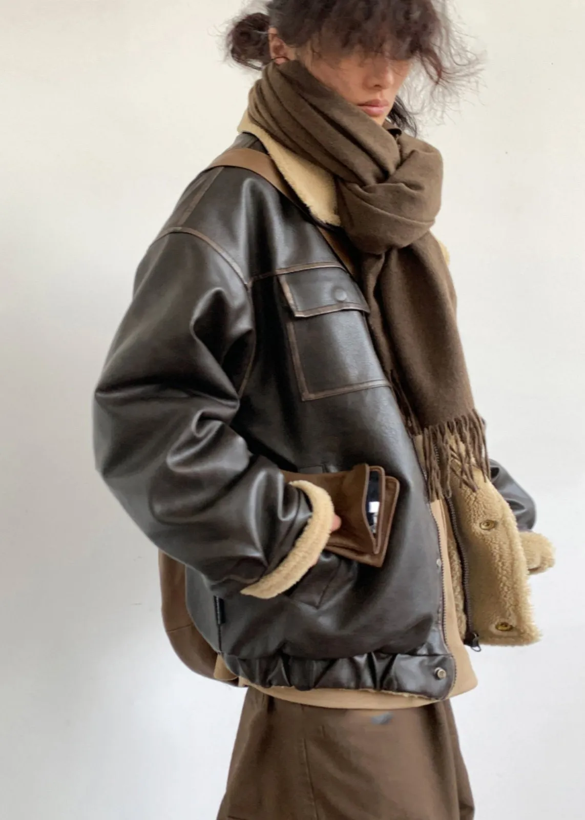 Vintage-Inspired Lamb Fur Lined Leather Jacket – Unisex Style