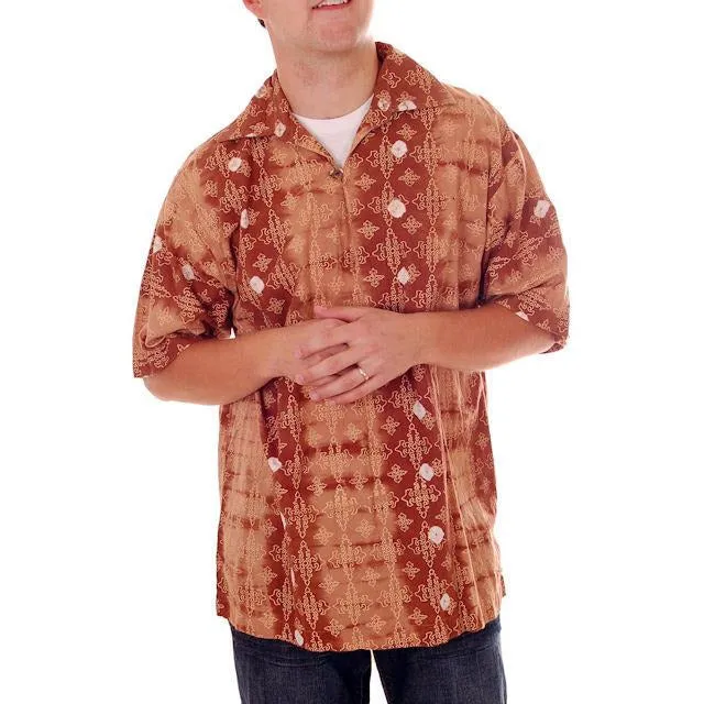 Vintage Mens Batik Print Shirt Pullover 1970s Med Browns