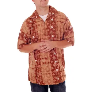 Vintage Mens Batik Print Shirt Pullover 1970s Med Browns