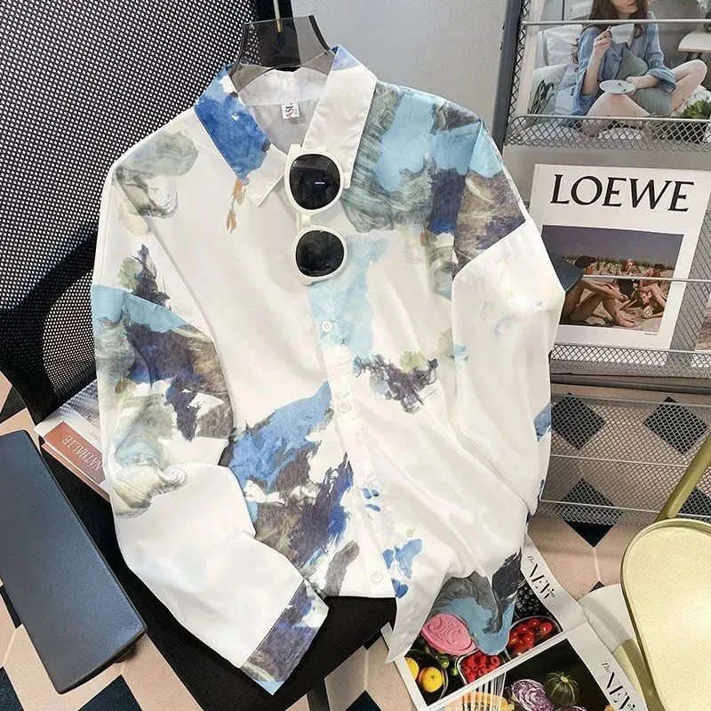 Vintage Printing Long Sleeve Shirts Women Y2K Spring Summer Chiffon Loose Casual Button Top Bf Korean Chic All-Match