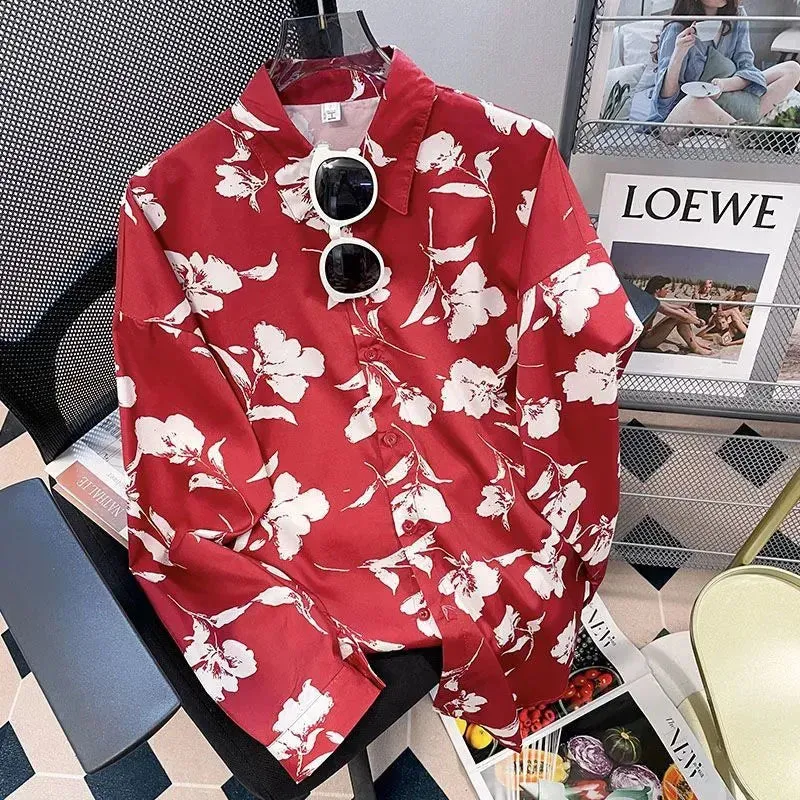 Vintage Printing Long Sleeve Shirts Women Y2K Spring Summer Chiffon Loose Casual Button Top Bf Korean Chic All-Match