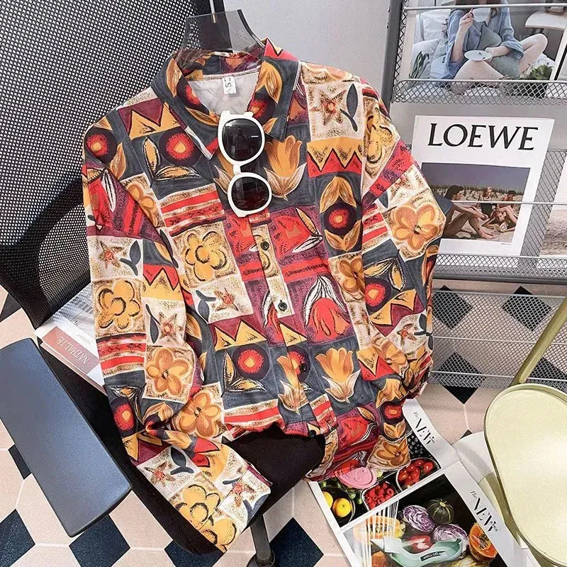 Vintage Printing Long Sleeve Shirts Women Y2K Spring Summer Chiffon Loose Casual Button Top Bf Korean Chic All-Match