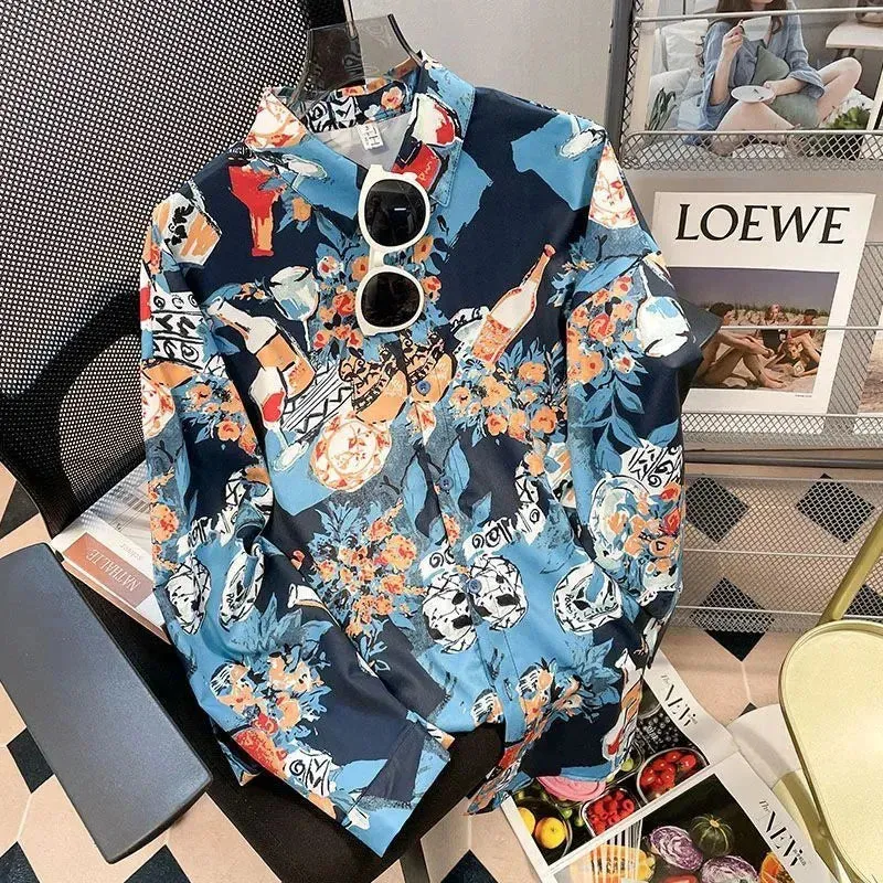 Vintage Printing Long Sleeve Shirts Women Y2K Spring Summer Chiffon Loose Casual Button Top Bf Korean Chic All-Match