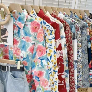 Vintage Printing Long Sleeve Shirts Women Y2K Spring Summer Chiffon Loose Casual Button Top Bf Korean Chic All-Match