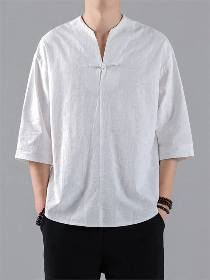 Vintage Small V-Neck Men's Jacquard Short Sleeve Shirt