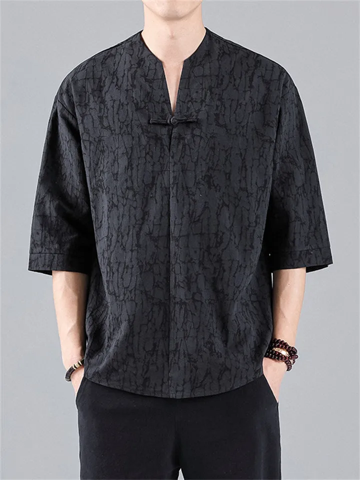 Vintage Small V-Neck Men's Jacquard Short Sleeve Shirt