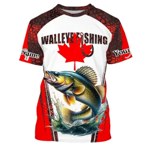 Walleye fishing red camo Custom Canadian flag Fishing T-shirts NQS5652