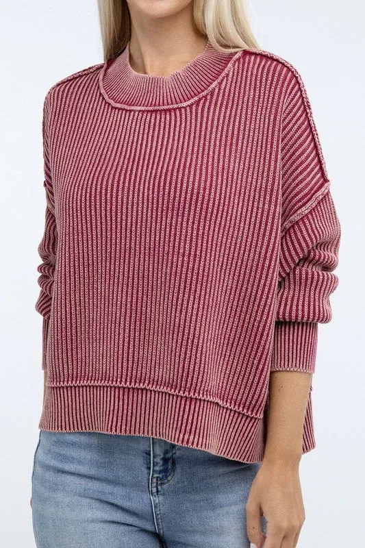 Washed Side Slit Oversized Cropped Sweater in 4 Colors