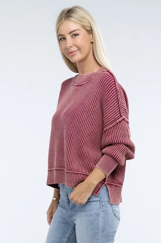 Washed Side Slit Oversized Cropped Sweater in 4 Colors