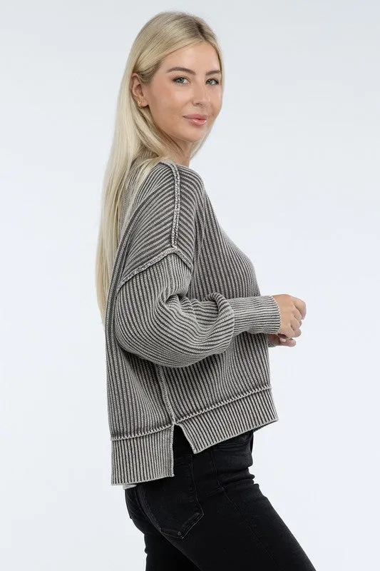 Washed Side Slit Oversized Cropped Sweater in 4 Colors