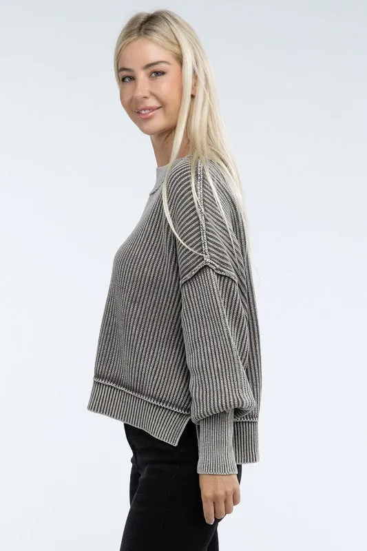 Washed Side Slit Oversized Cropped Sweater in 4 Colors