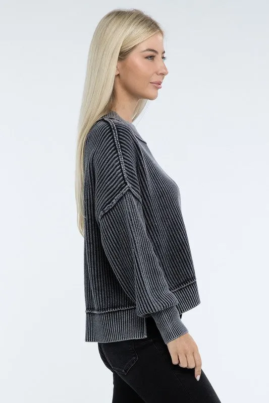 Washed Side Slit Oversized Cropped Sweater in 4 Colors