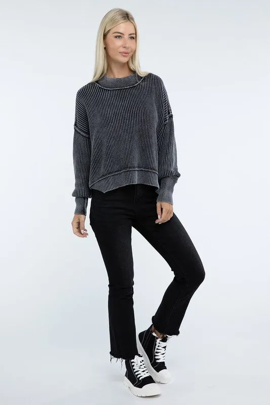 Washed Side Slit Oversized Cropped Sweater in 4 Colors