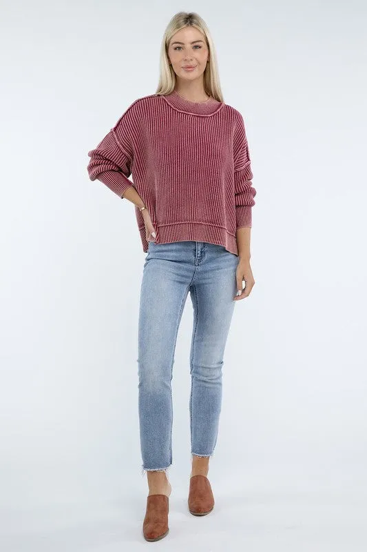 Washed Side Slit Oversized Cropped Sweater in 4 Colors