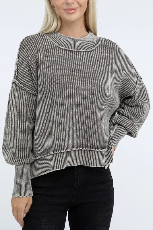 Washed Side Slit Oversized Cropped Sweater in 4 Colors