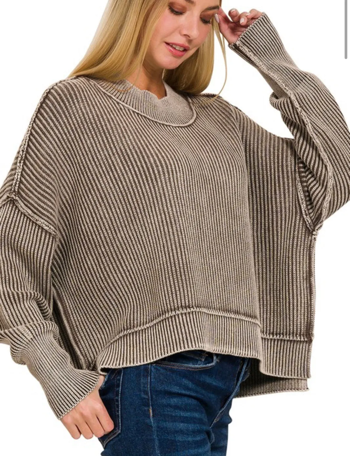 Washed Side Slit Oversized Cropped Sweater