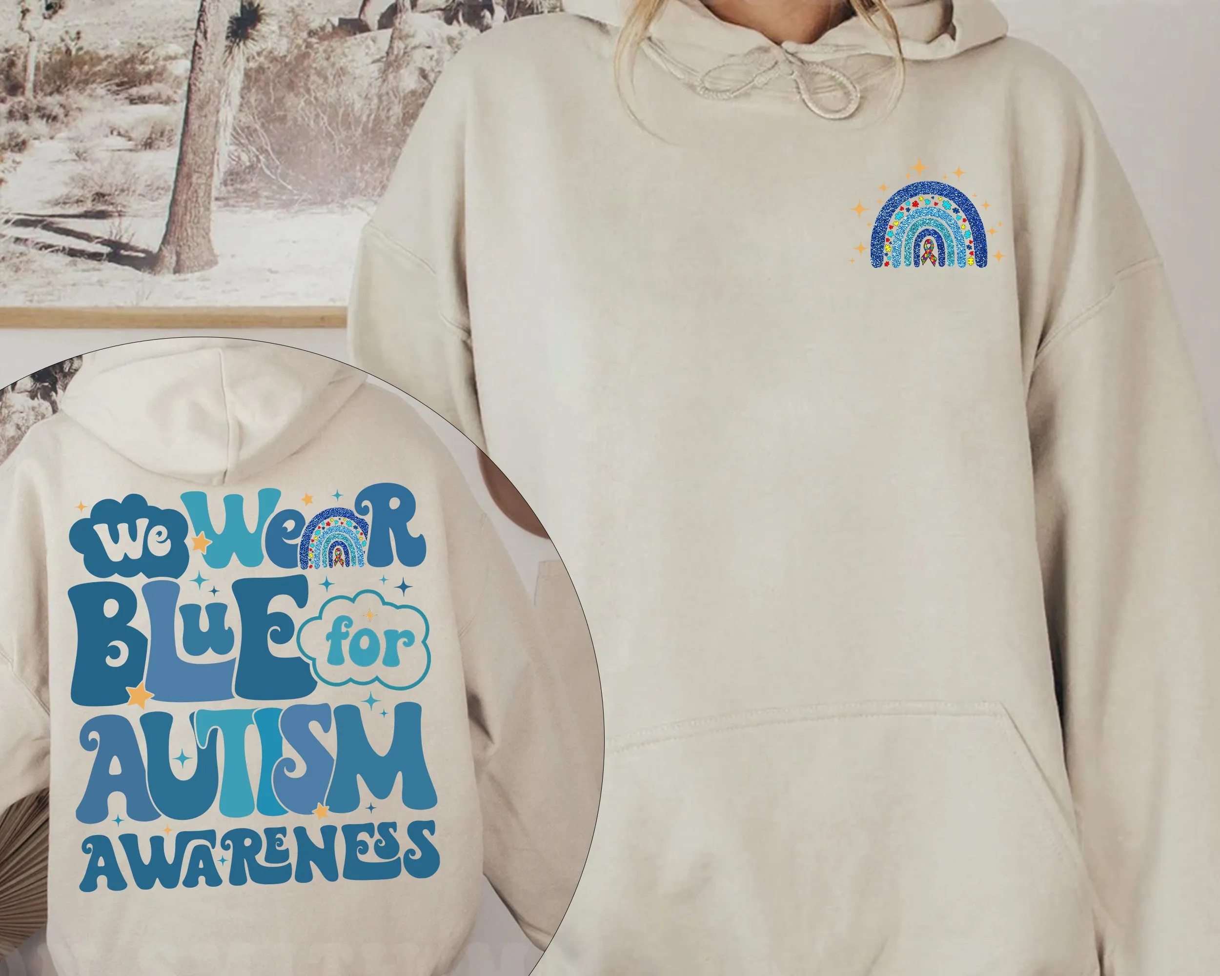 We Wear Blue For Autism Awareness Hoodie, In April We Wear Blue Crewneck, Autism Awareness Month, Blue Rainbow Tee, Autism Support