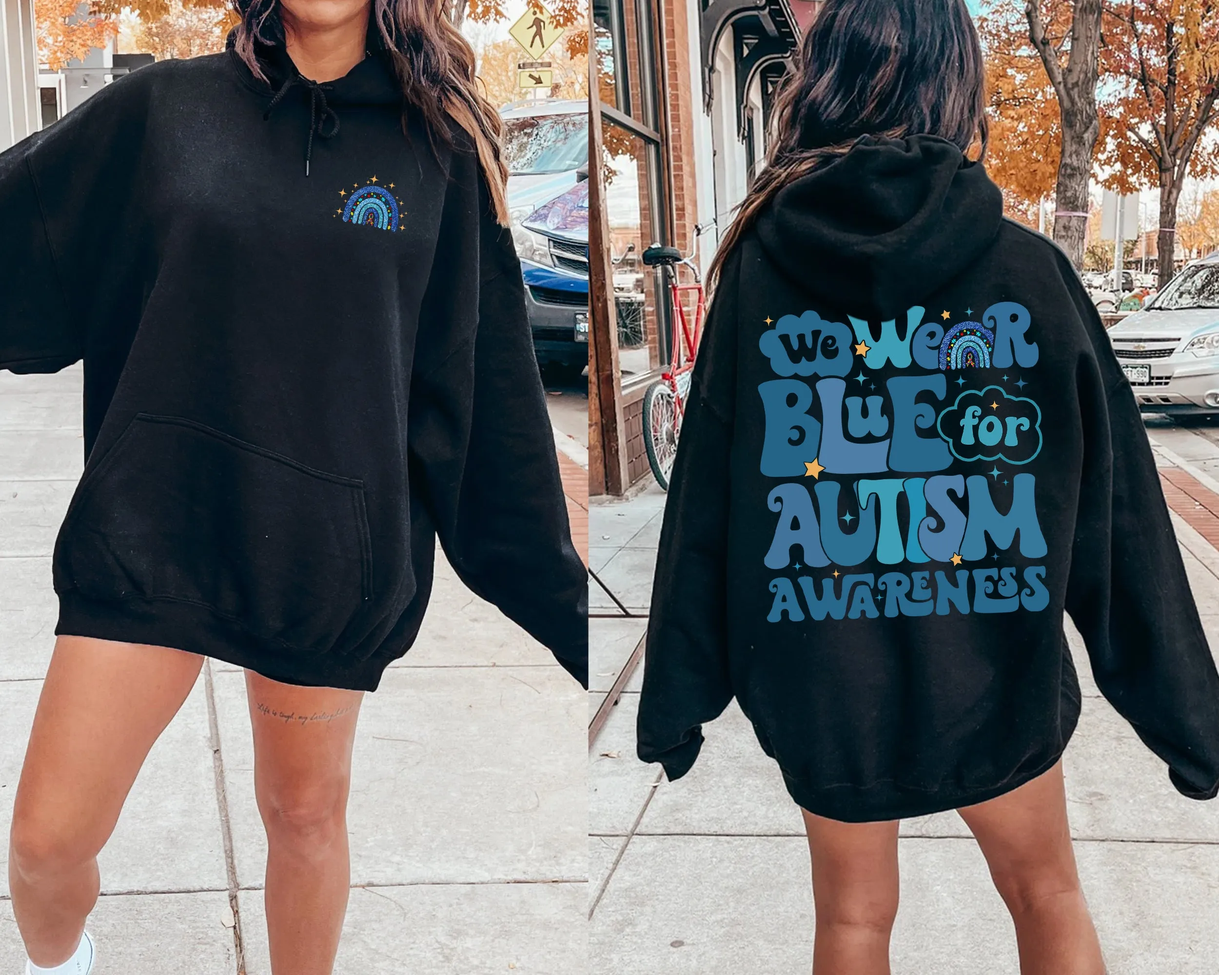 We Wear Blue For Autism Awareness Hoodie, In April We Wear Blue Crewneck, Autism Awareness Month, Blue Rainbow Tee, Autism Support