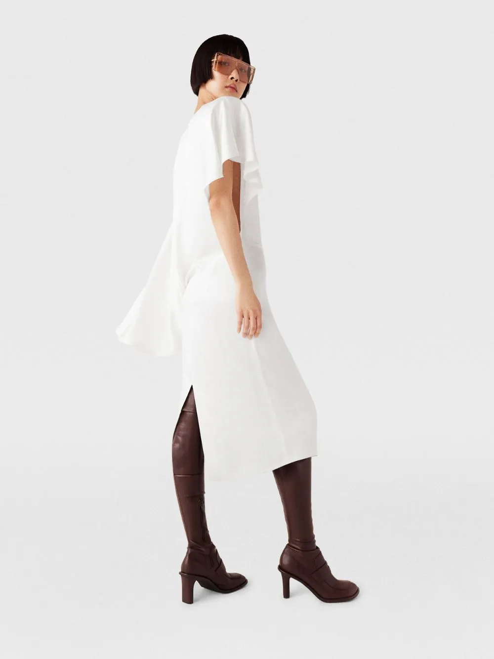 White Asymetric Draped Midi Dress