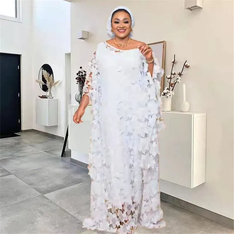White Lace Hollow African Dresses: Elegant Traditional Attire for Muslim Women during Ramadan