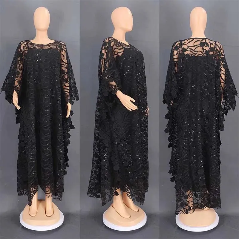 White Lace Hollow African Dresses: Elegant Traditional Attire for Muslim Women during Ramadan