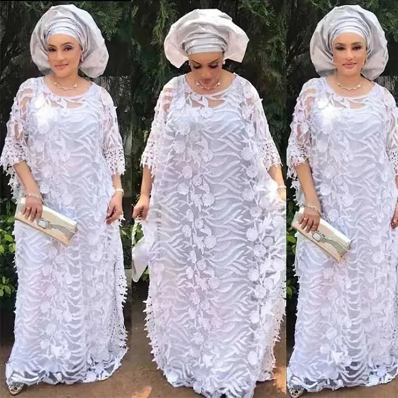 White Lace Hollow African Dresses: Elegant Traditional Attire for Muslim Women during Ramadan