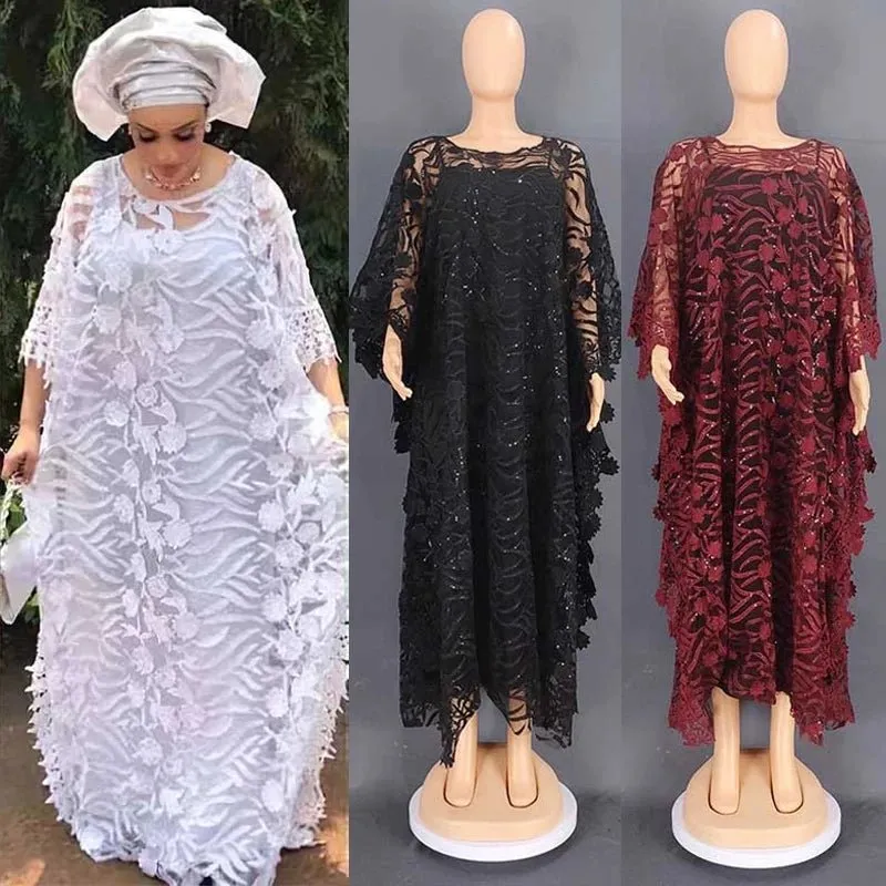 White Lace Hollow African Dresses: Elegant Traditional Attire for Muslim Women during Ramadan