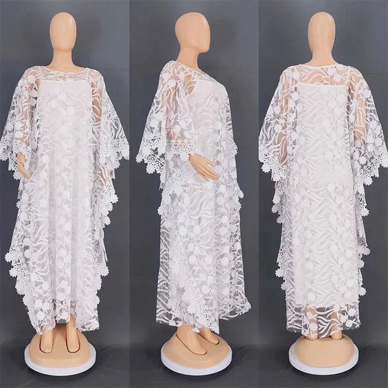 White Lace Hollow African Dresses: Elegant Traditional Attire for Muslim Women during Ramadan