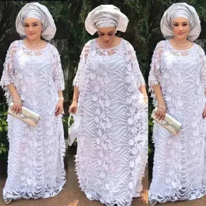 White Lace Hollow African Dresses: Elegant Traditional Attire for Muslim Women during Ramadan