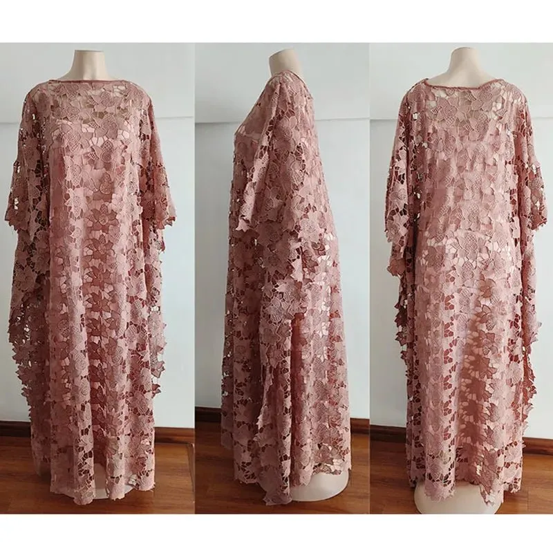 White Lace Hollow African Dresses: Elegant Traditional Attire for Muslim Women during Ramadan