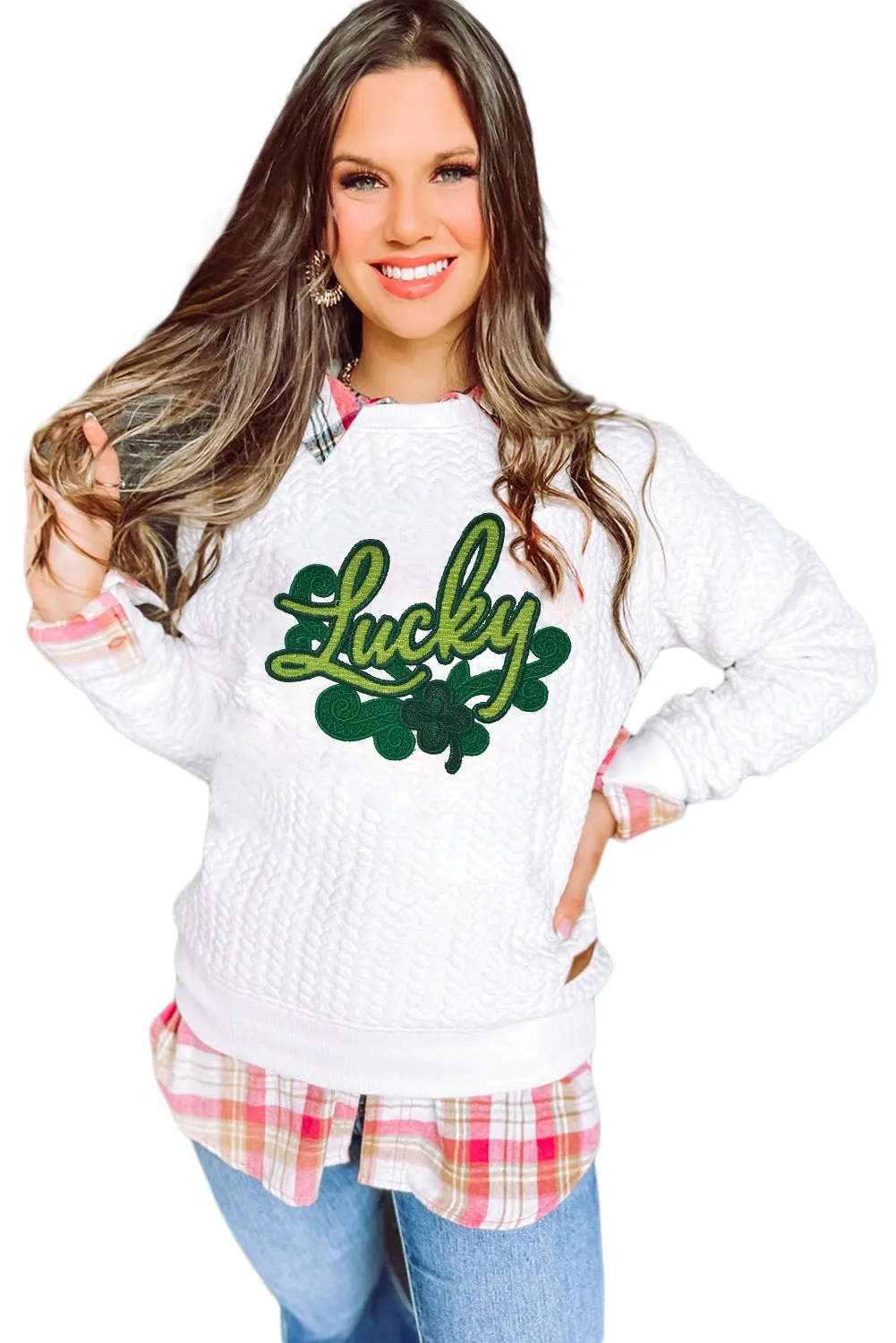 White Lucky Applique Cable Knit Pullover Sweatshirt