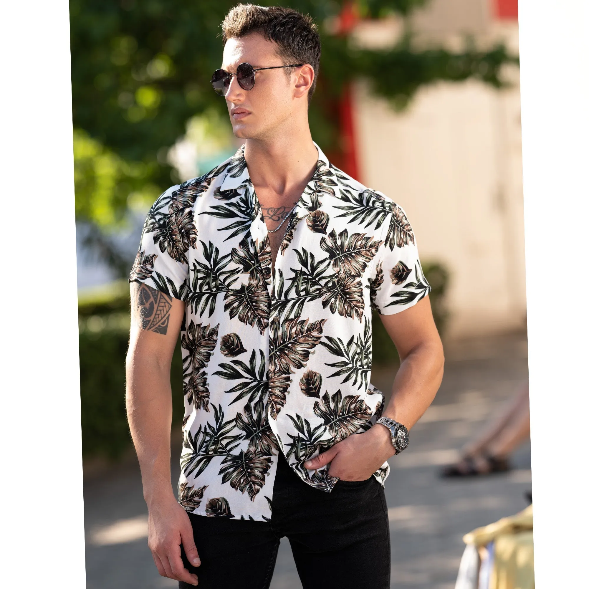 White Printed Tropical European Made & Designed Hawaiian Summer Shirts