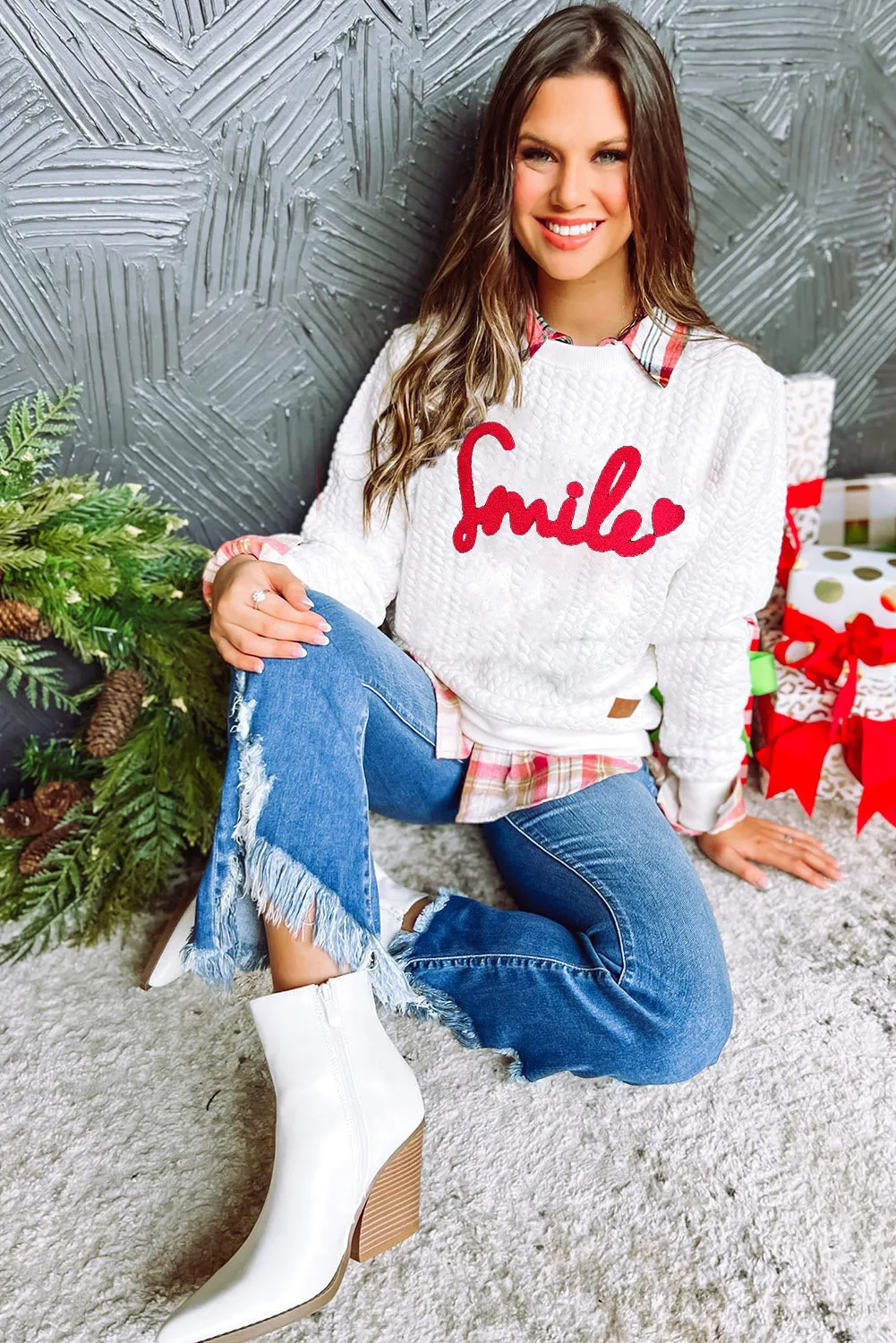 White Smile Love Cable Knit Pullover Sweatshirt