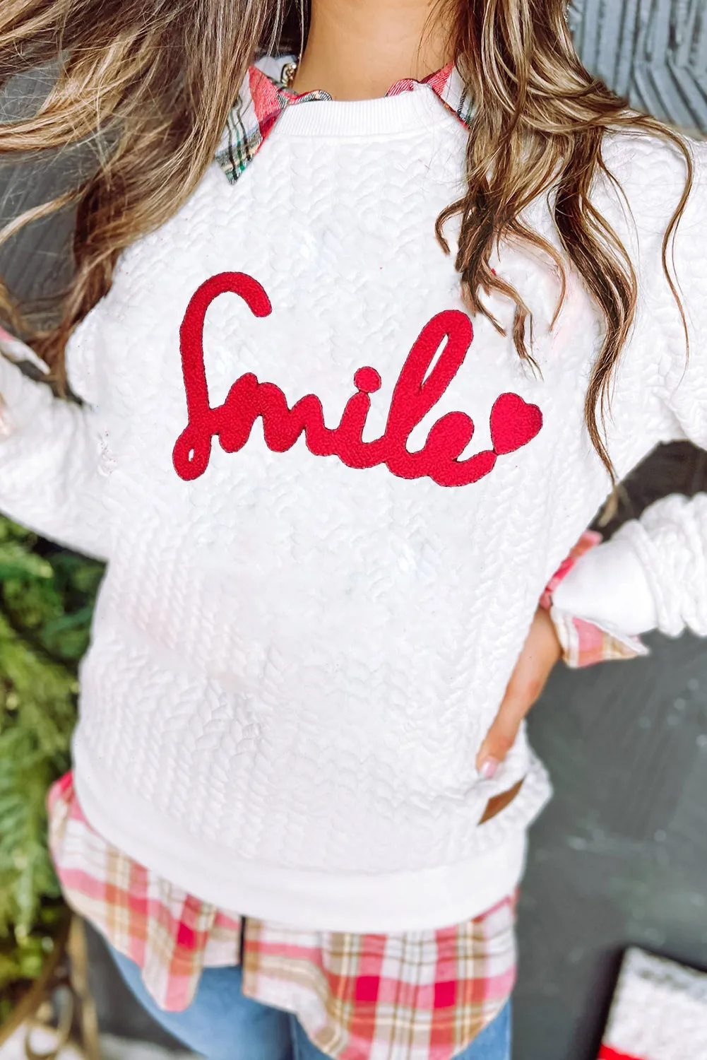 White Smile Love Cable Knit Pullover Sweatshirt